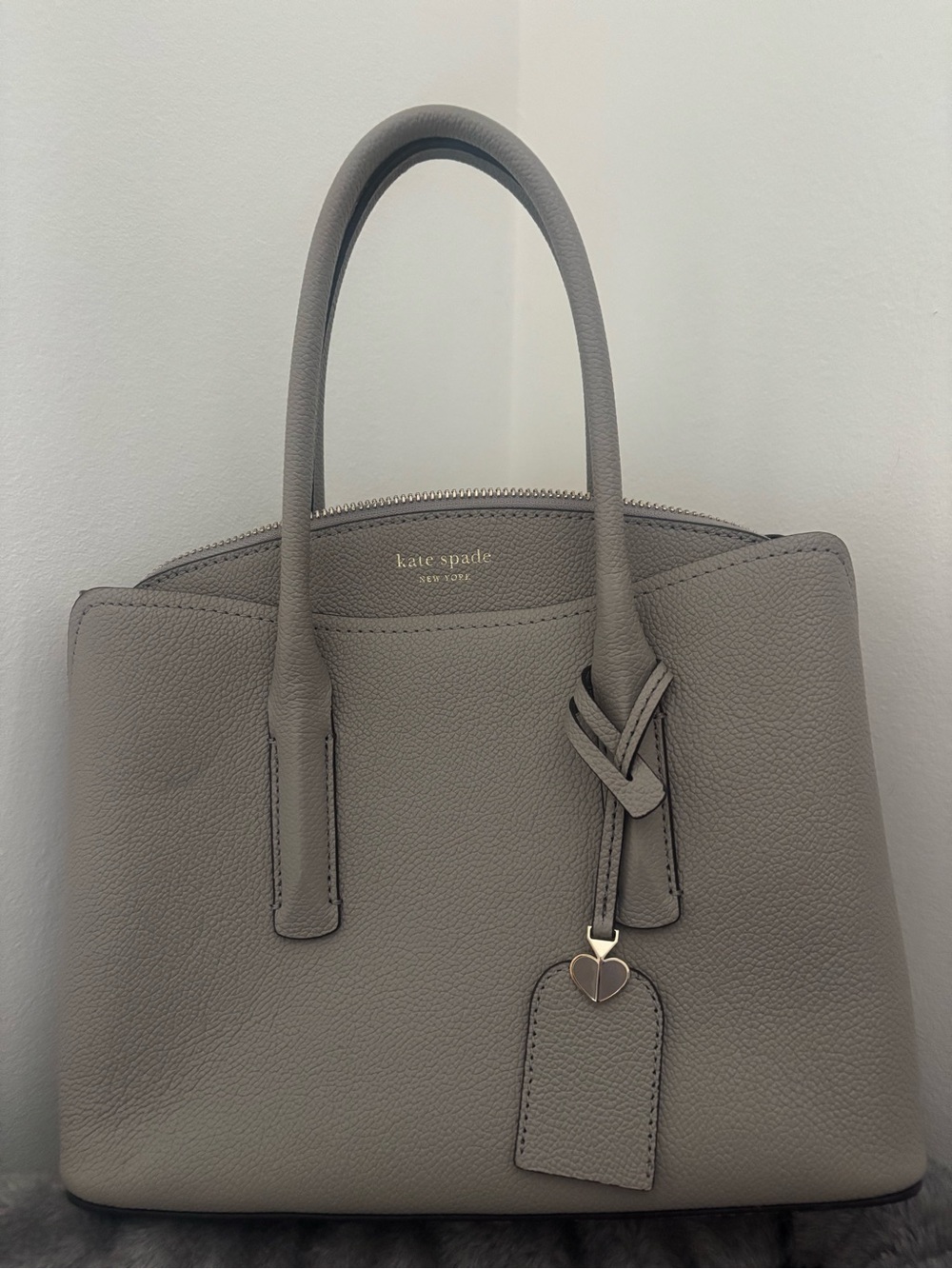 kate spade Gray Pebbled Leather Satchel with Gold Heart Charm